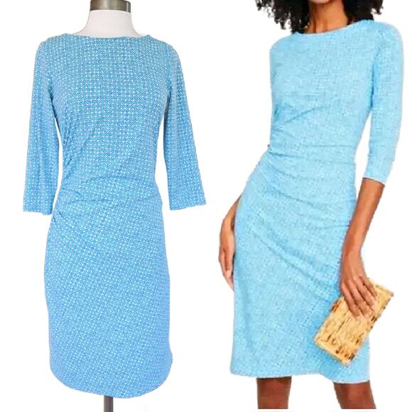 J McLaughlin Sage Side Ruched Sheath Dress Small Blue Dulce Dot Catalina Cloth - Picture 1 of 10